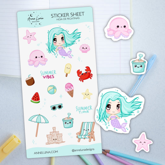 Izzy in Summer - Kawaii Sticker Sheet for Agenda or Bullet Journal