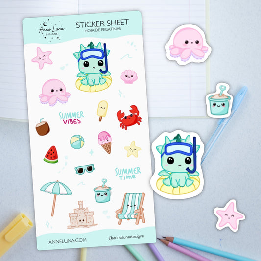 Kai in Summer - Kawaii Sticker Sheet for Agenda or Bullet Journal