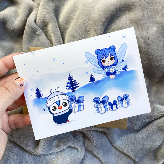 Tarjeta de Naviadad Kawaii - Paisaje Nevado Anya y Picky