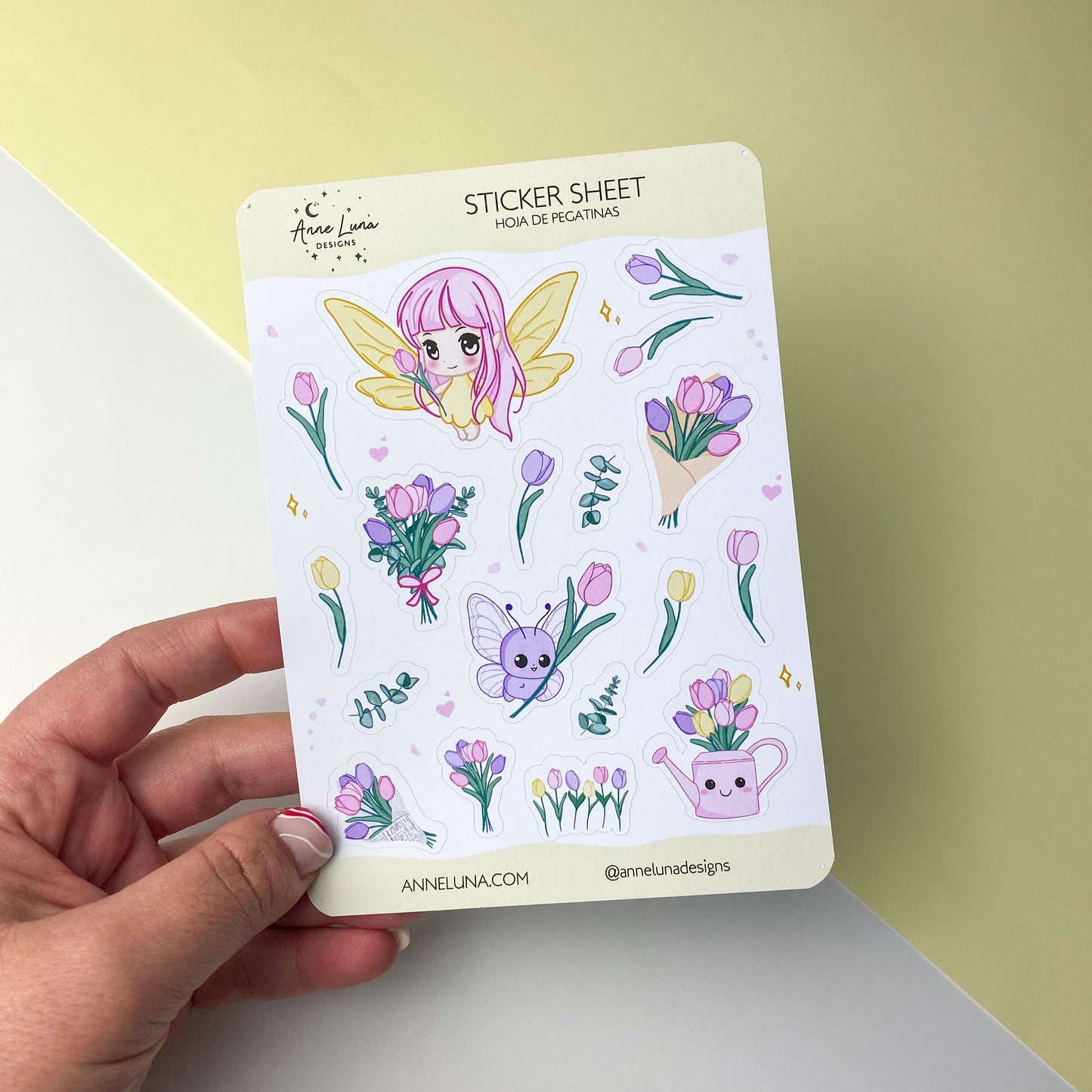 Luna and Tulips - Kawaii Sticker Sheet for Planner or Bullet Journal