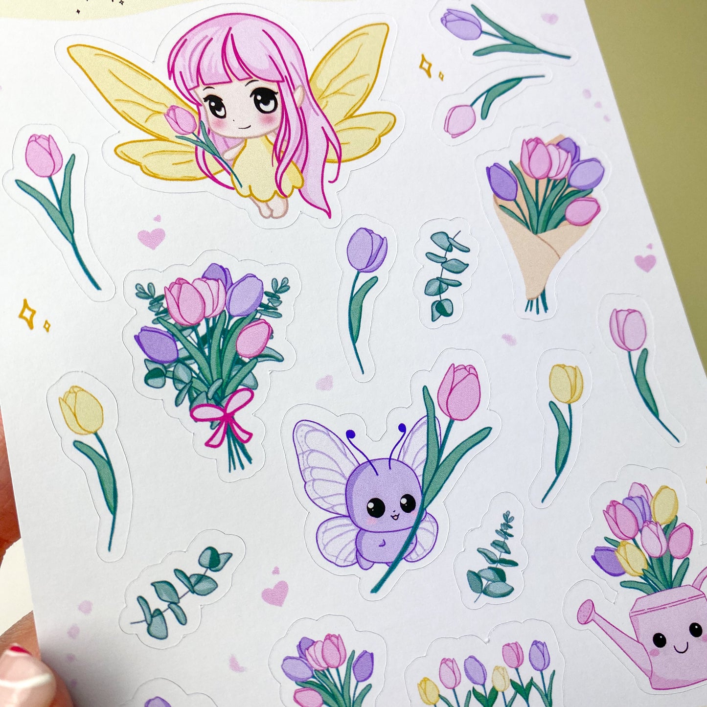 Luna and Tulips - Kawaii Sticker Sheet for Planner or Bullet Journal